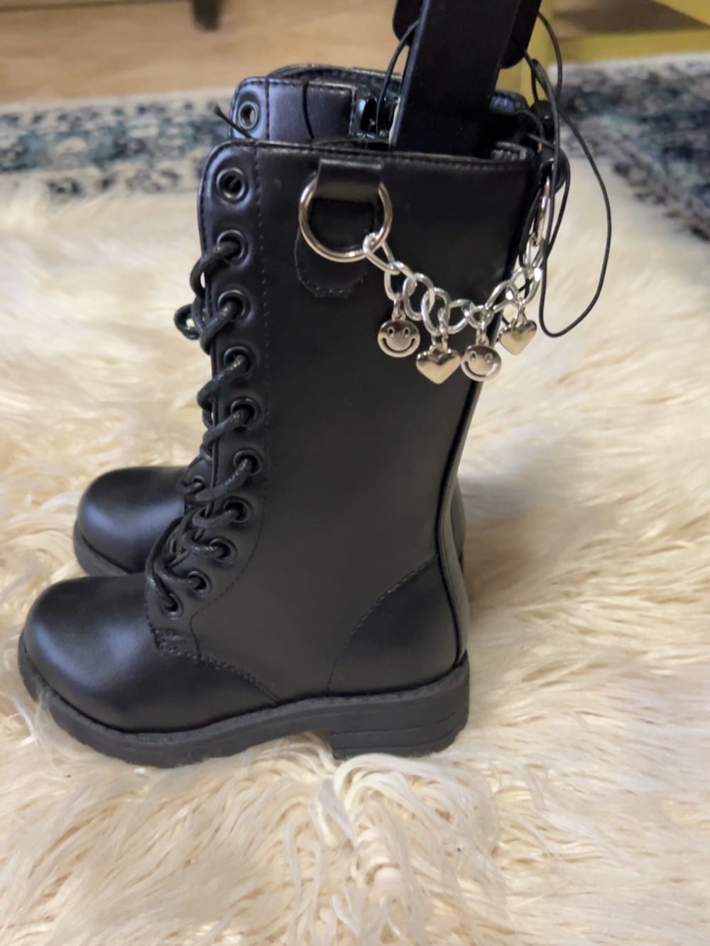 Kids Black Charm Combat Boots - Brand